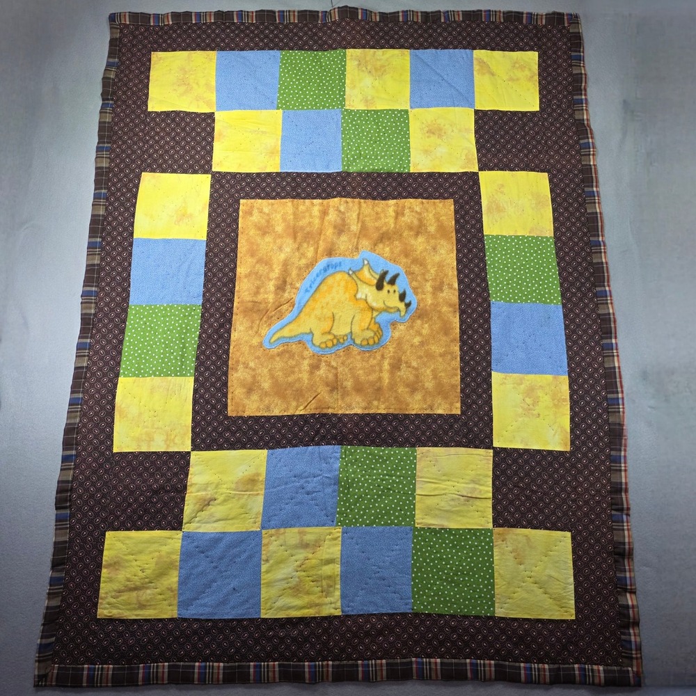 Handmade Triceratops Dinosaur Patchwork Quilt Brown Blue Yellow Plaid 40x50